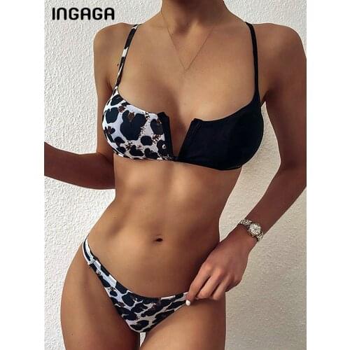 INGAGA Push Up Bikinis Swimsuits 2021 V-neck Swimwear Women Leopard Patchwork Bathing Suit Women Cut Out Biquini Beach Wear