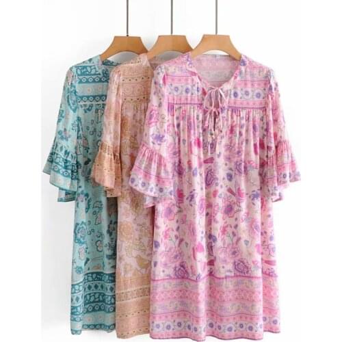 Bohemian Summer Dress For Women 2021 New Sexy Loose Lotus Leaf Sleeve Round Neck Tie Print Holiday Seaside Beach Dress