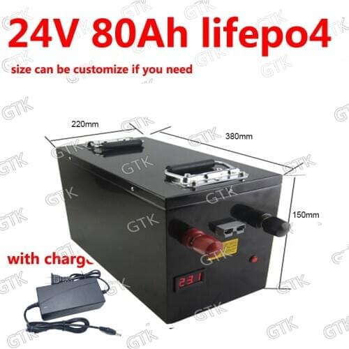 GTK Lifepo4 24v 80AH lithium battery BMS 8S for 2000W bike tricycle RV backup power conditioner heater scooter + 10A charger