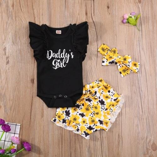 Newborn Baby Girl Clothes Set Romper + Shorts + Headband Letter Flower Print Sweet Style Summer Clothing