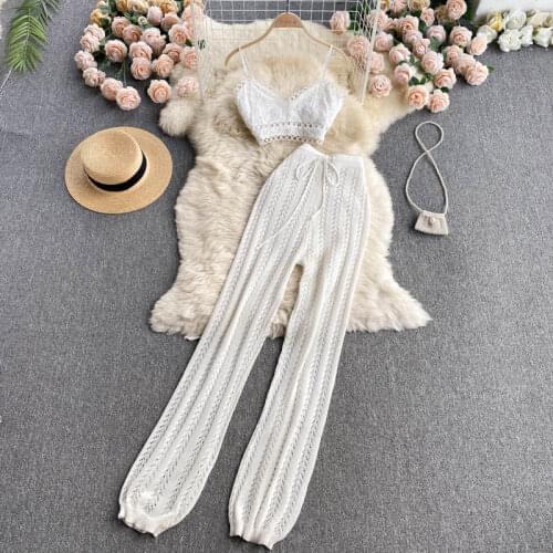 SINGREINY Women Summer Design Knitted Set Sexy Sleeveless V Neck Short Strap Tops+Chic Hollow Wide Leg Long Pants Two Piece Suit