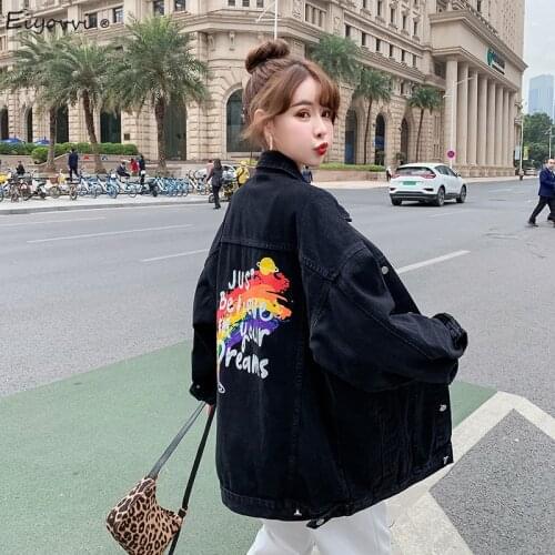 Streetwear Rainbow Print Women Denim Jacket Coat BF Jeans Outwear Female Spring Autumn Casual Loose Cowboy Outwear Harajuku Top