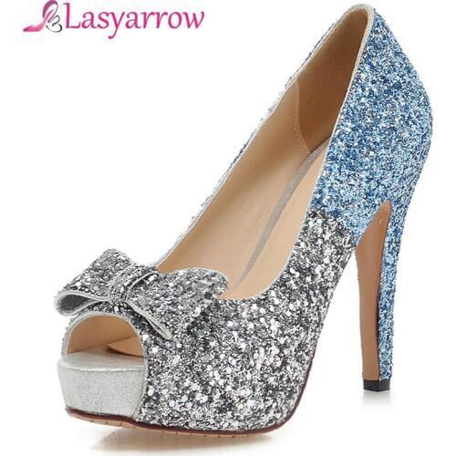 Lasyarrow Thick High Heels Sexy Peep Toe Womens Shoes Ladies Bow tie Bling Bling Party Wedding Shoes Glitter Platform Shoes