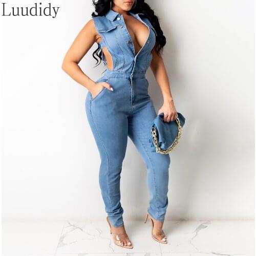 Summer Turn Down Collar Pocket Button Design Cutout Denim Jumpsuit