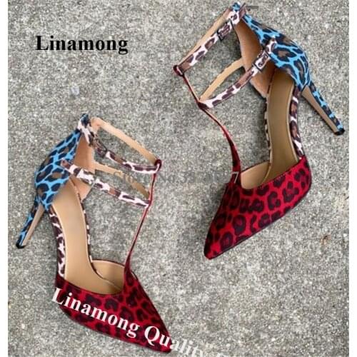 Linamong Women Elegant Pointed Toe Leopard Suede Patchwork Stiletto Heel Pumps T-straps Buckles High Heels Club Dress Shoes