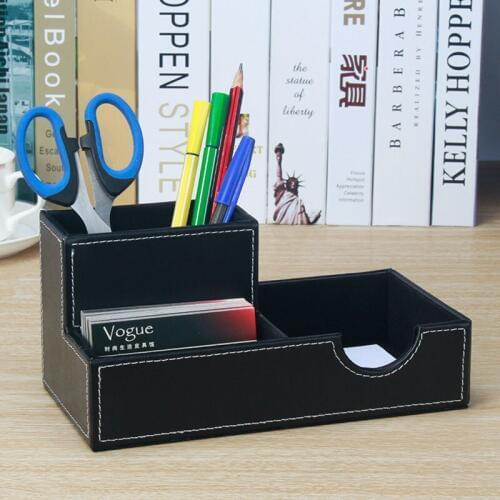 Multifunction desktop office school wooden PU leather pen holder pencil case with note card case desk stationery organizer 1096