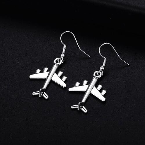 Trendy Vintage Airplane Shape Dangle Antique Silver Plated Earrings for Women Girl Retro Drop Earrings Cute Earring Jewelry