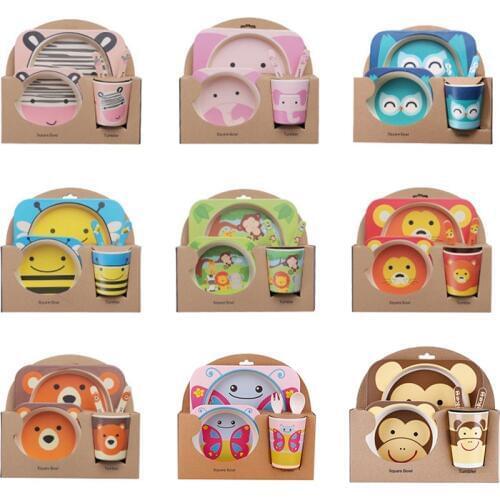 Imebaby5 piece set bamboo tableware bamboo bowl baby feeding plate creative cartoon children bowl / cup / fork spoon gift set