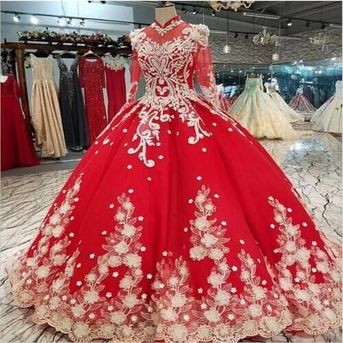 Luxury Red Ball Gown Prom Dresses Muslim High Neck Appliqued Beads Evening Dress Wear Plus Size Abendkleider Formal Party Gowns