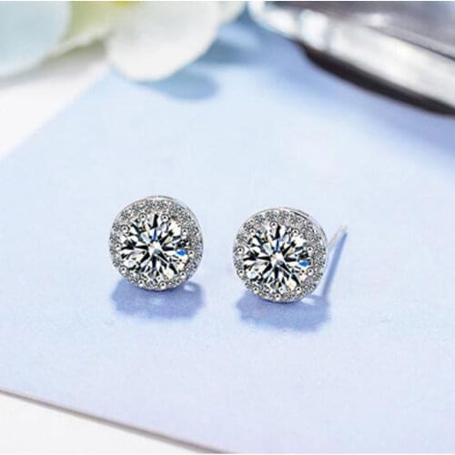 925 Sterling Silver Luxury High Quality Round Clear Cubic Zircon Stud Earrings For Bridal Stud Christmas Gift S-E461