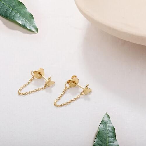 Tiny Butterfly Chain Earrings For Women Sterling Silver Delicate Cute Gold Butterfly Studs Dangle Drop Earrings Female Fashion