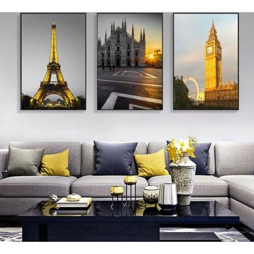 Modern Famous Landscape Eiffel Tower Big Ben Canvas Painting Church Poster and Prints Wall Art Picture for Room Home Decortion