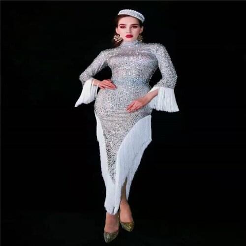 T10 Singer stage dance costumes rhinestone tassel long dress female sexy stretch outfit diamonds hip skirt party dresses disco