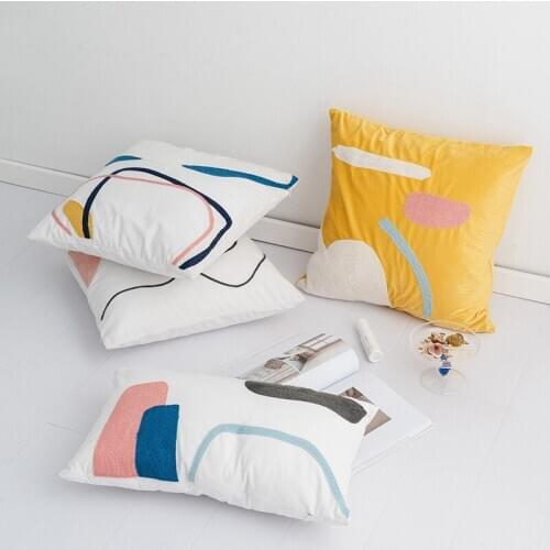 Corduroy embroidered sofa cushion cover abstract striped jacquard pillow cover color block pillowcase white yellow lumbar pillow