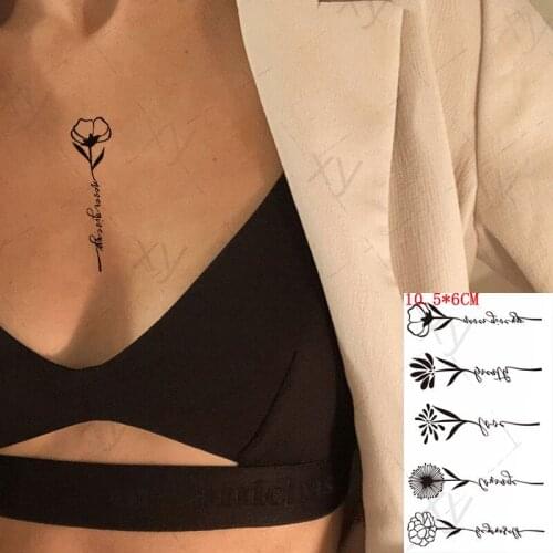 Small Flowers Waterproof Temporary Tattoo Sticker Black English Letters Fake Tattoos Flash Tatoos Arm Chest Body Art for Women