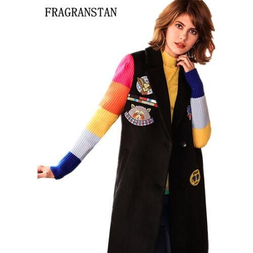 Animal Letter Cartoon Embroidery Knitting Hit Color Patchwork Woolen Coat Autumn Winter Female Casual Preppy Style Vestidos Q404