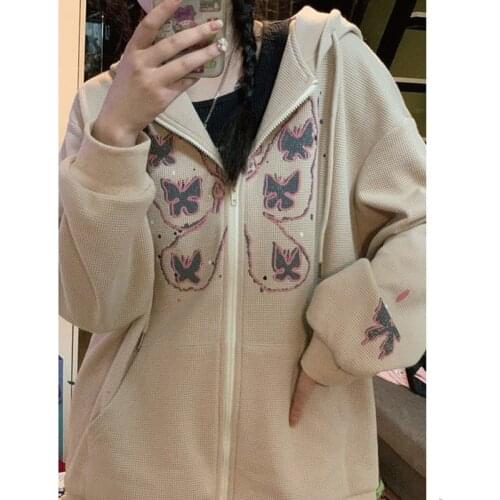 2021 Womens Zipper Hoodie Winter Jacket Top Oversized Hoodie Butterfly Retro Pocket Womens Long Sleeve Cardigan Jacket Y2K