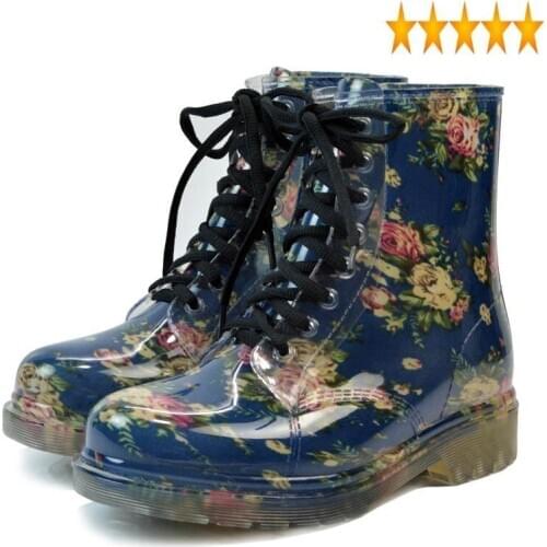 Rain 2021 Spring Womens Winter Round Toe Rubber Shoes Floral Leopard Lace-Up Boots Woman Big Size 36-40