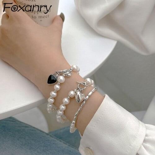 FOXANRY 925 Sterling Silver Bracelets for Women New Trendy Elegant Sweet String of Pearls LOVE Heart Party Jewelry Birthday Gift