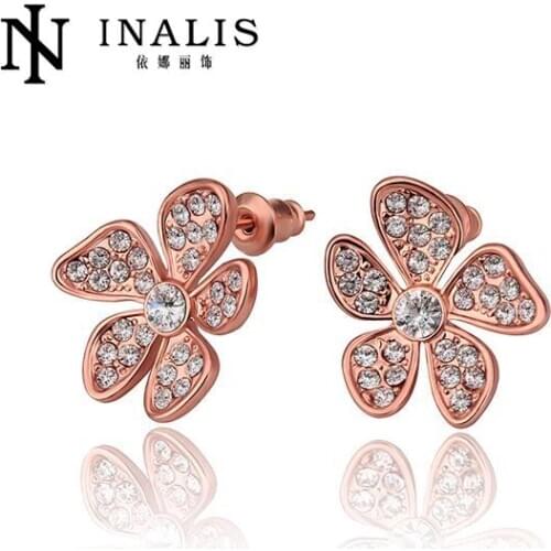 INALIS stud earrings women gold color vintage crystal flower earring jewelry 2017 trending statement jewellery for women E769