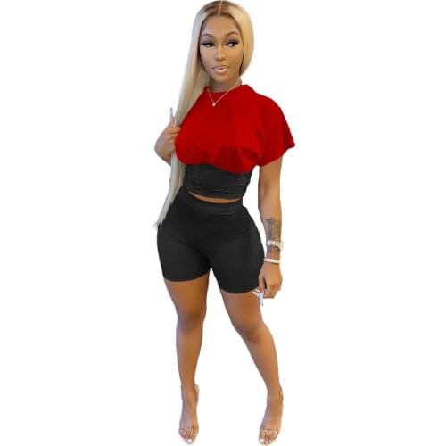 2021 Casaul Women Biker Two Piece Set Color Patchwork Tracksuit Shirt And Short Pants Sportsuit Summer Clothes For Women Outfit