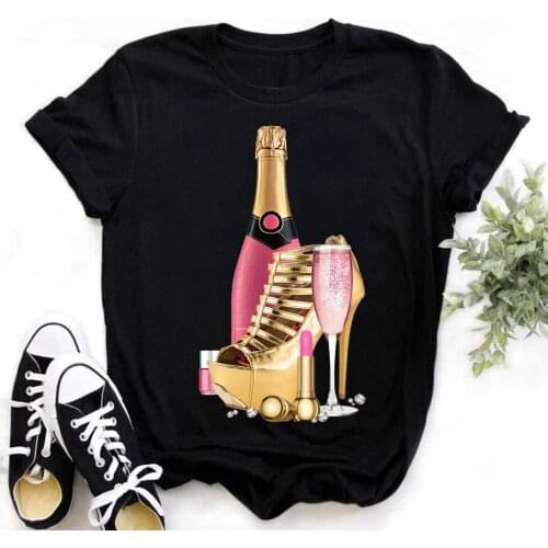 Champagne high heels pattern womens top womens summer fashion short-sleeved round neck womens T-shirt