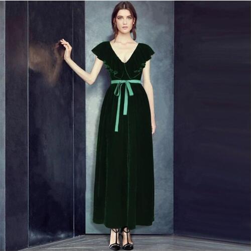 2020 Women Spring Autumn long dress vintage Velvet butterfly coller deep V-Neck dress plus size velour clothing M - 7XL