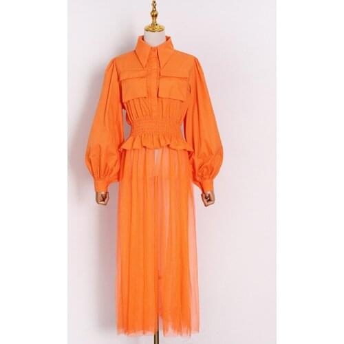 New French Style Long Sleeve 2021 Spring Womens Splicing Fake Two Long Dress Orange Ruffle Irregular Splicing White Dress