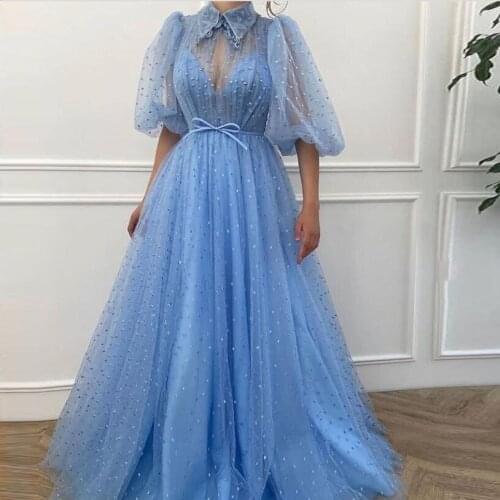 Pretty Sky Blue Dots Tulle A-line Prom Gowns Half Puff Sleeves Appliques Long Formal Party Dresses Vestido De Mujer