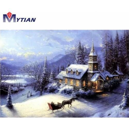 Winter Snow Church,Sleigh,5D DIY Diamond Painting Kit,Full Round Square Drills Diamond Embroidery Mosaic Home Decor Wall Sticker
