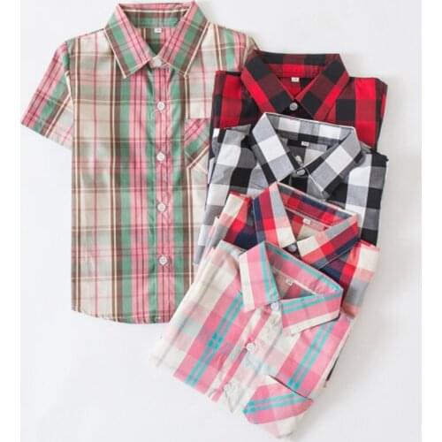 2021 Summer Girls Shirt Baby Boy Fashion Short Sleeve Cotton Plaid Shirts Casual Clothes Boys Gentleman Tops Childrens Clothing