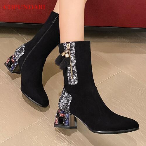 Fringe Black Ankle boots for women High heels boots Ladies Rhinestones Autumn comfort shoes elegant women short boots