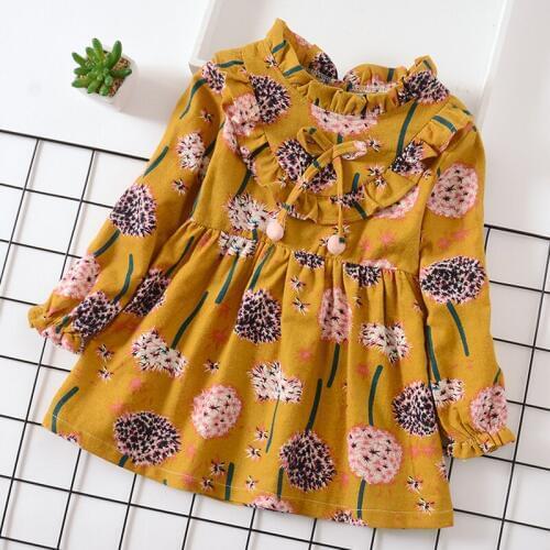 Kids Dresses for Girls Long Sleeve Flower Print Navy Blue Yellow Red 1- 7Y Cute Clothes Toddler Baby Girl Lacing Princess Dress