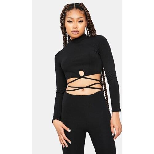 Women Lace Up Crop Tops Bodycon Pant Sets Long Sleeve Short Tees Top Elastic Pencil Trouser 2 Piece Sets Club Tracksuit Custom