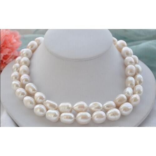 Beautiful 2strands Huge 16mm white rice freshwater pearl necklace 18inch