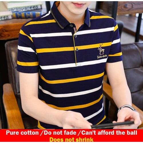 Mens short-sleeved t-shirt pure cotton casual lapel striped polo shirt summer new style Paul t-shirt top clothes mens clothing