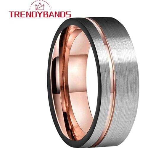 8MM Black Rose Gold Tungsten Ring Wedding Band For Men And Women Flat Band With Offset Groove Comfort Fit