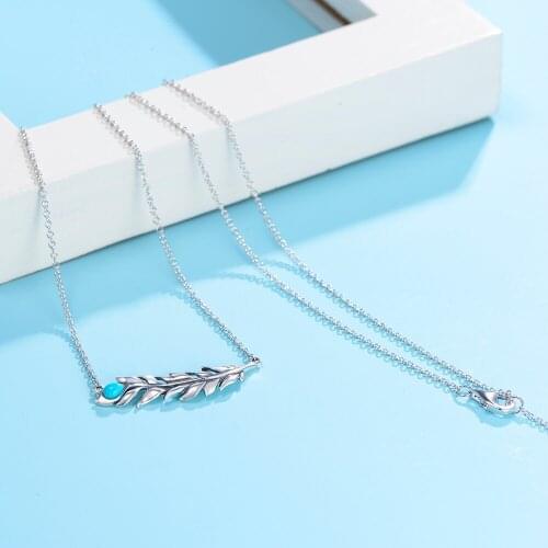 Sterling Silver Necklace For Women Feather Pendant Necklace With Kallaite For Women Vintage Jewelry Women Fine Silver