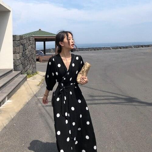 Traf dresses woman summer 2021 Chiffon dress womens French retro dot medium length bottom with black V-neck skirt