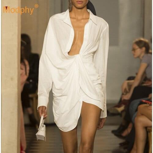 Ruched Shirt-Style Irregular Dress White WomenS Sexy Long-Sleeved Lace-Up Mini Dress 2020 Autumn Fashion New Female Clothing