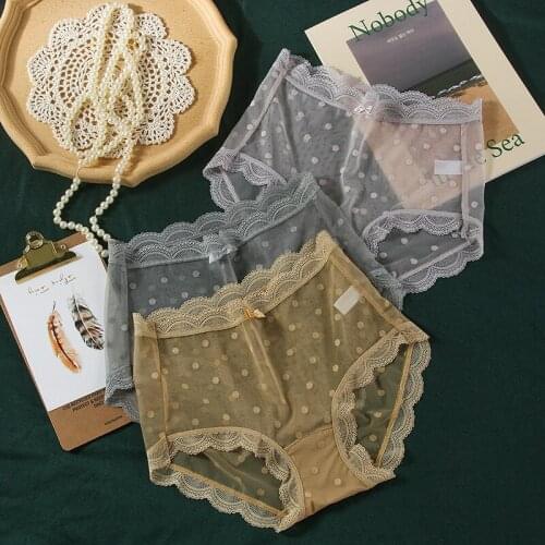 Sexy Women Underwear Panties Lace Mid-Waist Briefs Female Translucent Elastic Underpant spot Mesh Lingerie Cotton Crotch Pants