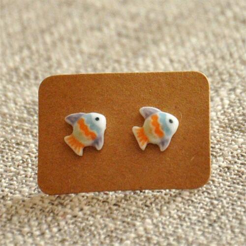 12 Pairs/Lot Cute Stud Earrings Cartoon Animal Colorful Painted Fish Earring For Women Girls Ceramic Handmade Ear Jewelry