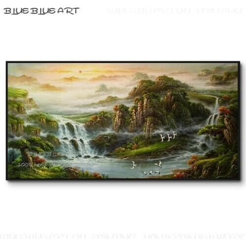 Top Artist Hand-painted High Quality Realist Chinese Natural Scenery Oil Painting on Canvas Chinese Feng Shui Landscape Painting