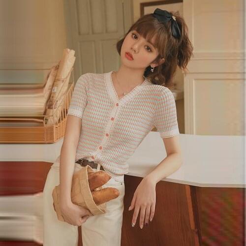 No. 2 middle in the side row of room 6) non real shot net red picture V-neck stripe short sleeve knitted cardigan 34