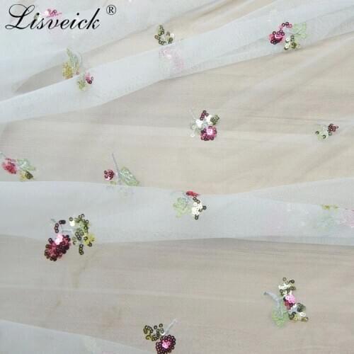 High-quality polyester 36A mesh gauze fabric colorful sequin flower embroidery lace fabric DIY womens childrens clothing dress