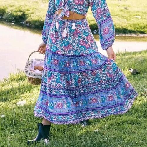 GypsyLady Floral Printed Skirt Boho Vintage Chic Summer Women Long Pleated Skirts Ruffles Tassels Holiday Female Ladies Skirt