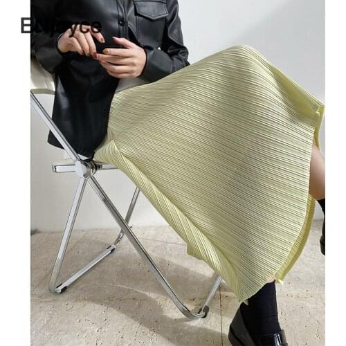 2021 Spring Yellow Solid color High Waist Irregular A-line Pleated skirt Women Casual Long Skirts Korean Style Flare Long skirt