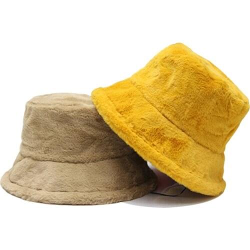 2021 Women winter hat New Outdoor Solid color Faux Fur Letter Pattern Bucket Hats Soft Warm Gorros Mujer