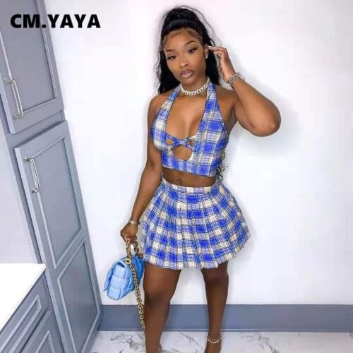 CM.YAYA Women Skirts Set Plaid Halter Hollow Out Tops Mini Pleated Skirts Two 2 Piece Set Tracksuit Fashion Outfit Summer 2021