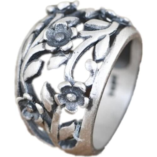 New s990 pure silver female ring retro cutout small flower ring matte fashion silver ring for woman